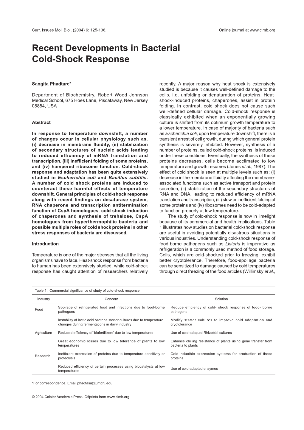 Recent Developments in Bacterial Cold-Shock Response