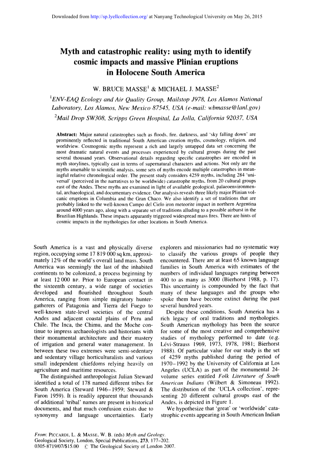 Using Myth to Identify Cosmic Impacts and Massive Plinian Eruptions in Holocene South America