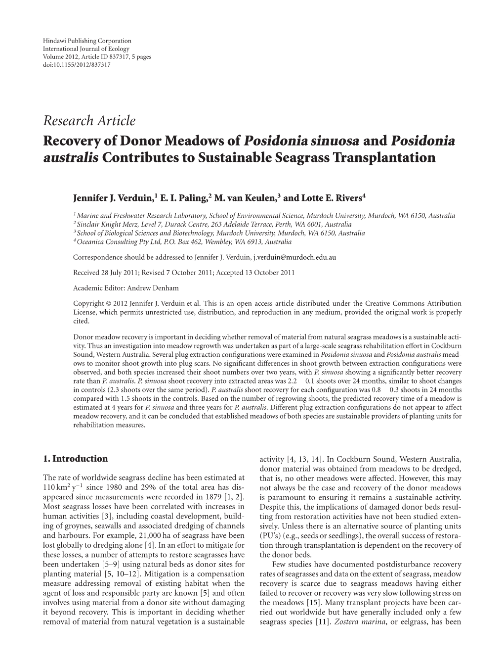 Recovery of Donor Meadows of Posidonia Sinuosa and Posidonia Australis Contributes to Sustainable Seagrass Transplantation