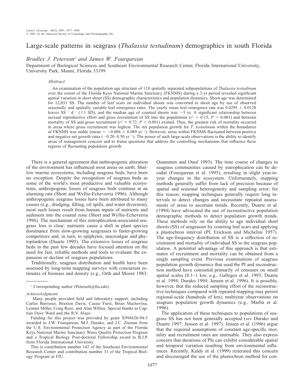 Thalassia Testudinum) Demographics in South Florida