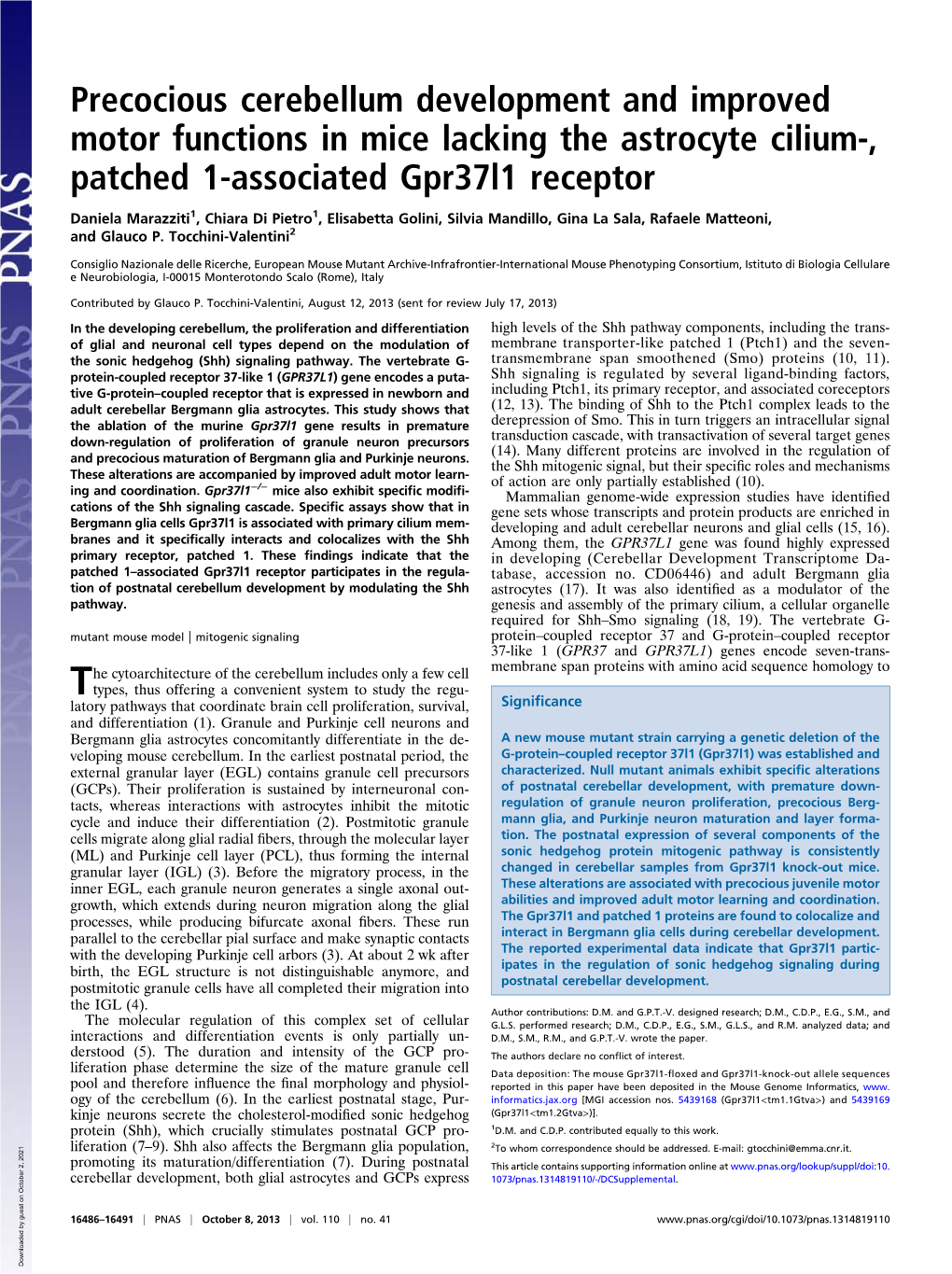 Precocious Cerebellum Development and Improved Motor Functions in Mice Lacking the Astrocyte Cilium-, Patched 1-Associated Gpr37l1 Receptor