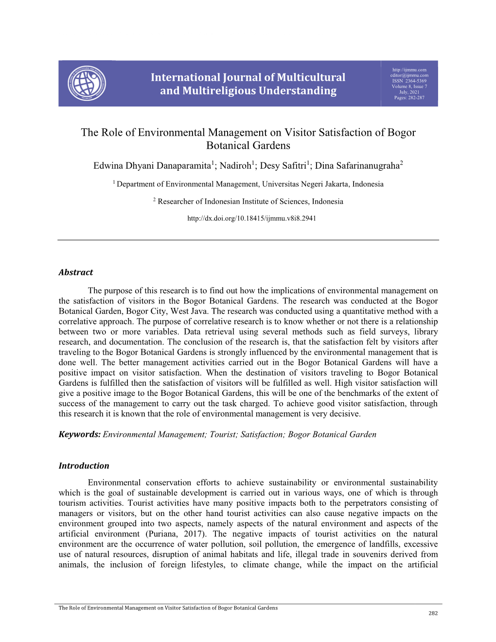 International Journal of Multicultural and Multireligious Understanding the Role of Environmental Management on Visitor Satisfac