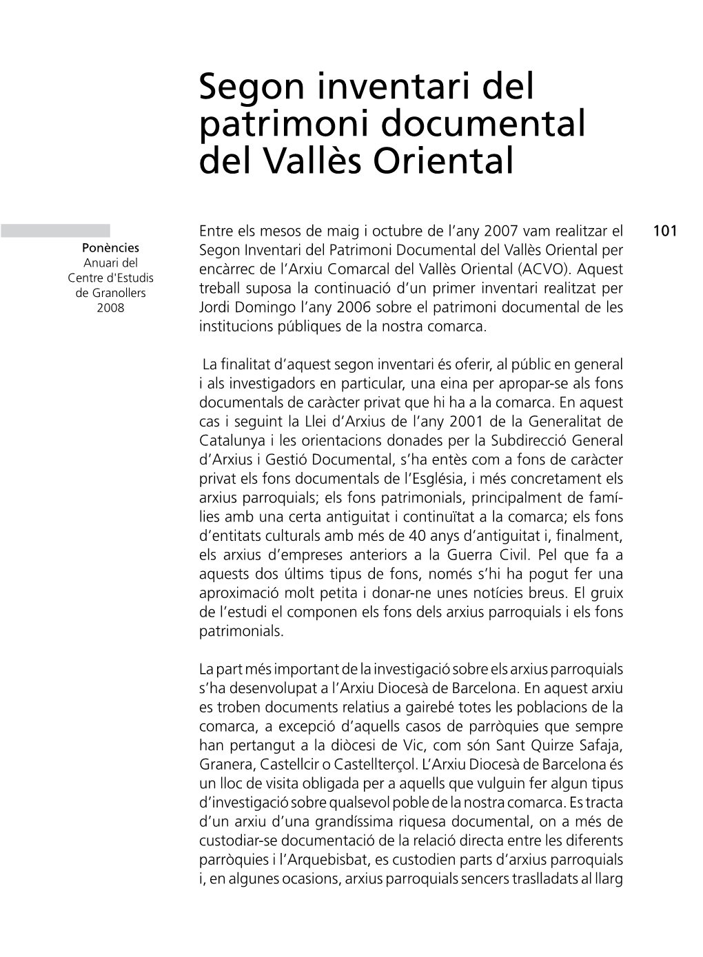 Segon Inventari Del Patrimoni Documental Del Vallès Oriental