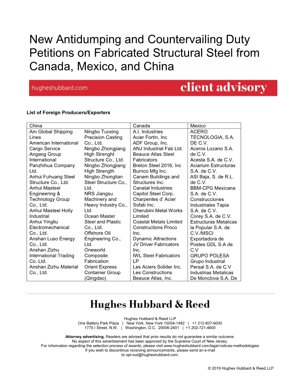 New Antidumping and Countervailing Duty Petitions on Fabricated Structural Steel from Canada, Mexico, and China