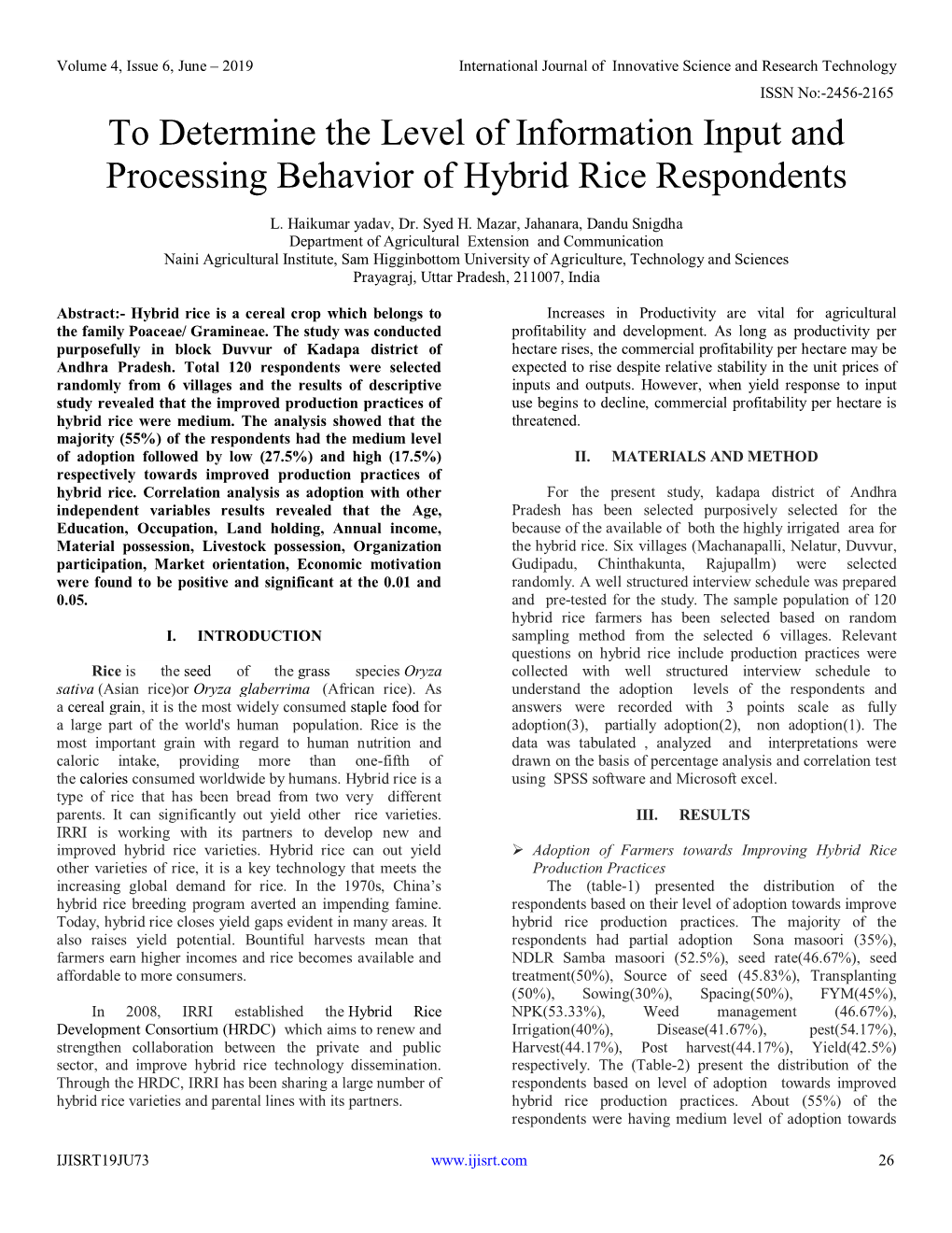 To Determine the Level of Information Input and Processing Behavior of Hybrid Rice Respondents