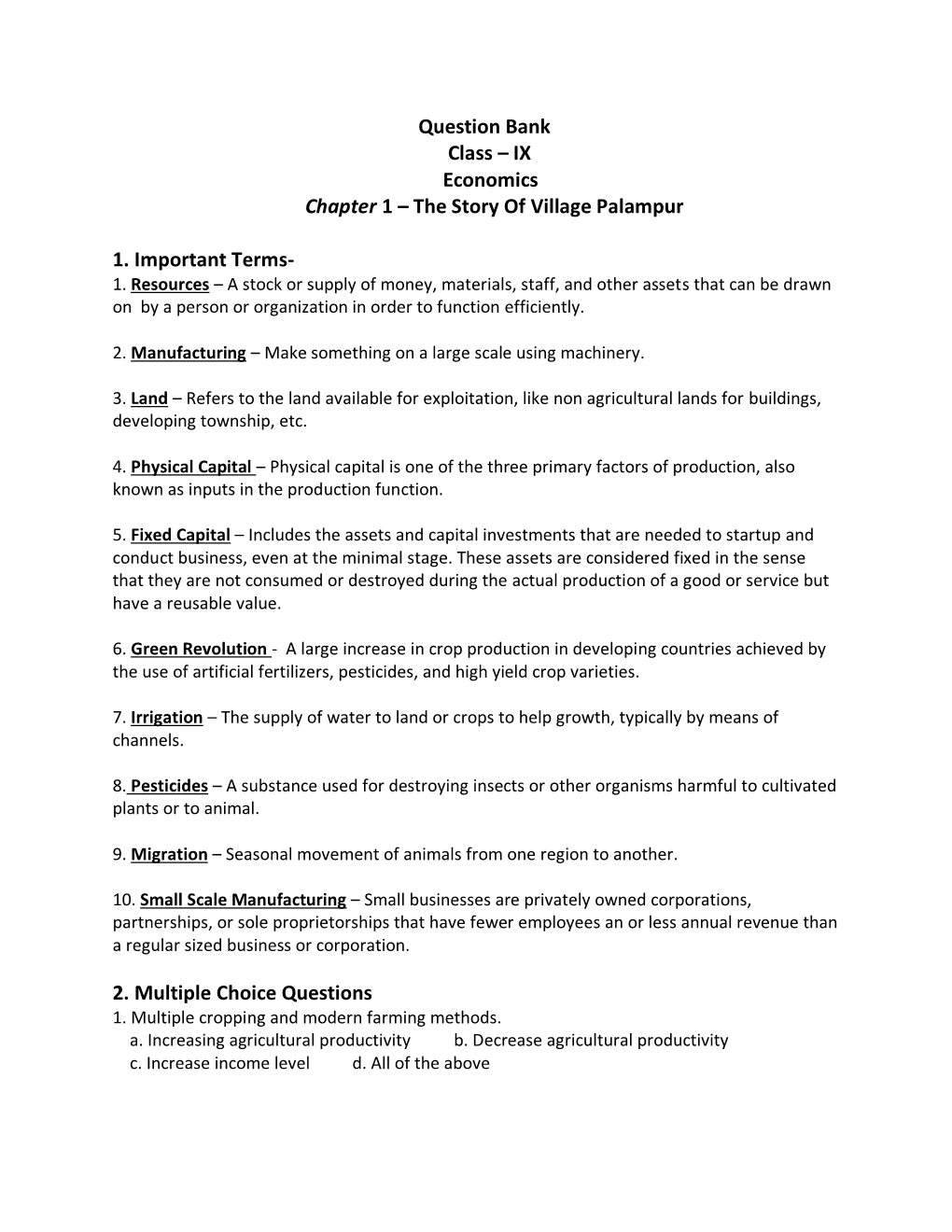 Question Bank Class – IX Economics Chapter 1 – the Story of Village Palampur