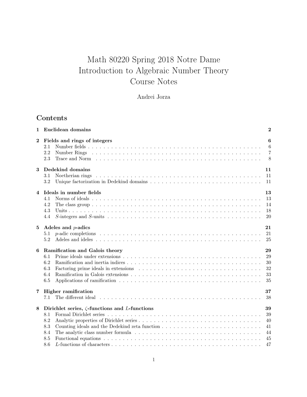 Algebraic Number Theory Course Notes