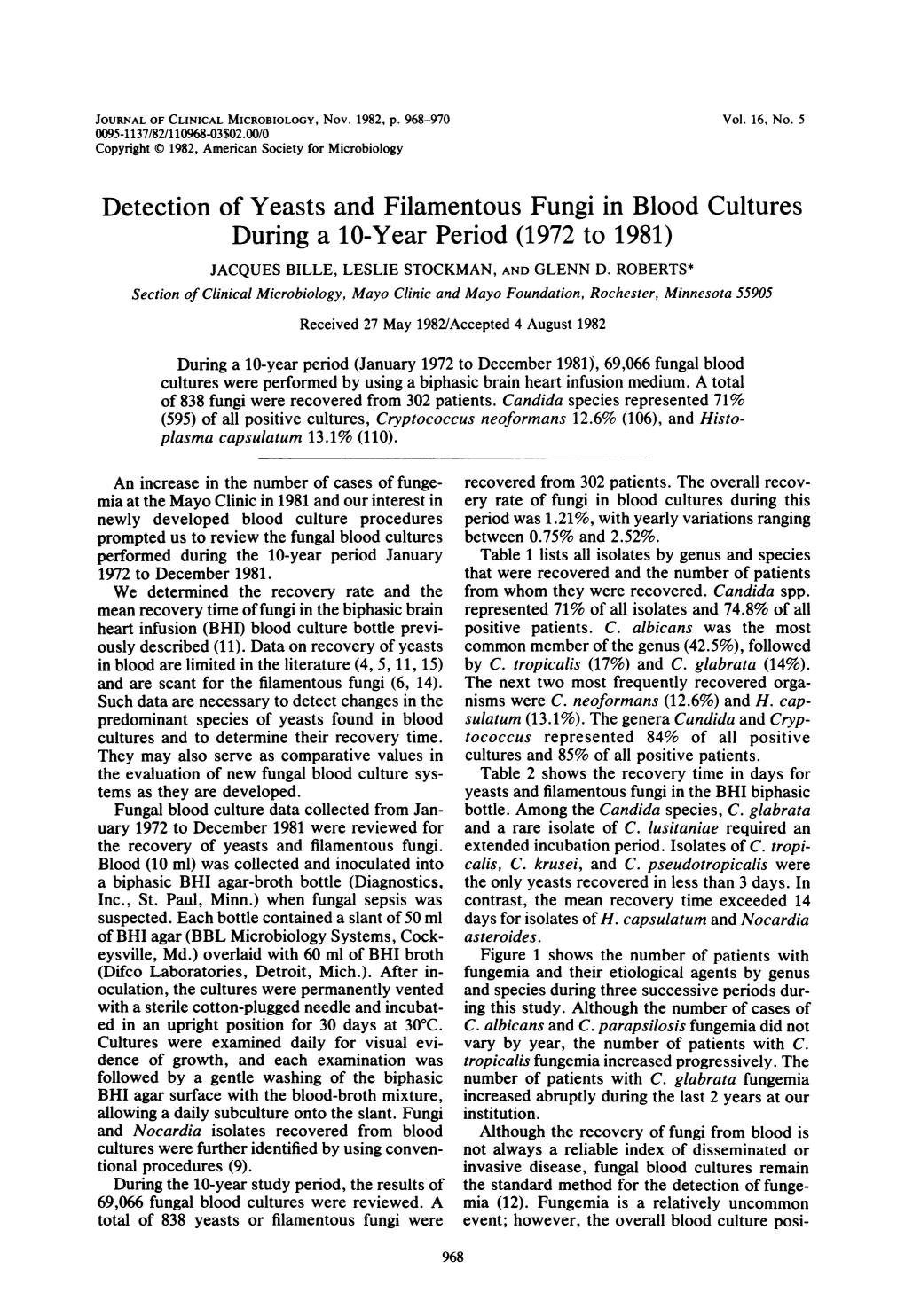 Detection of Yeasts and Filamentous Fungi in Blood Cultures During a 10-Year Period (1972 to 1981) JACQUES BILLE, LESLIE STOCKMAN, and GLENN D