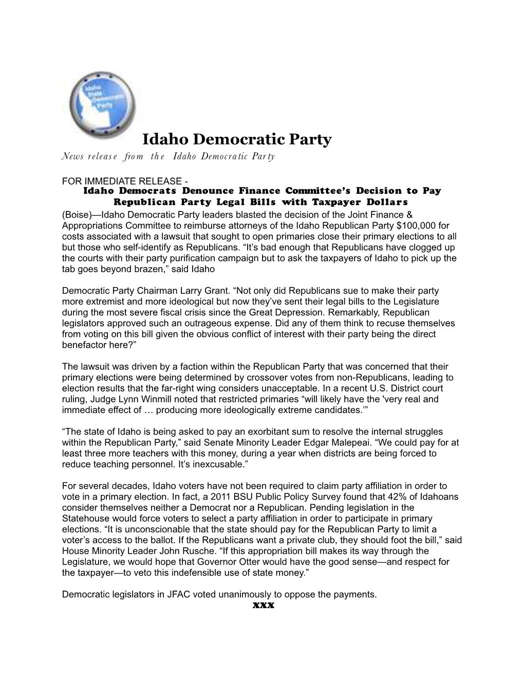 Idaho Democratic Party News Releas E Fro M Th E Idaho Democra Tic Par Ty