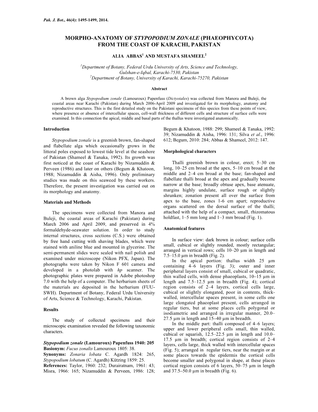 Morpho-Anatomy of Stypopodium Zonale (Phaeophycota) from the Coast of Karachi, Pakistan