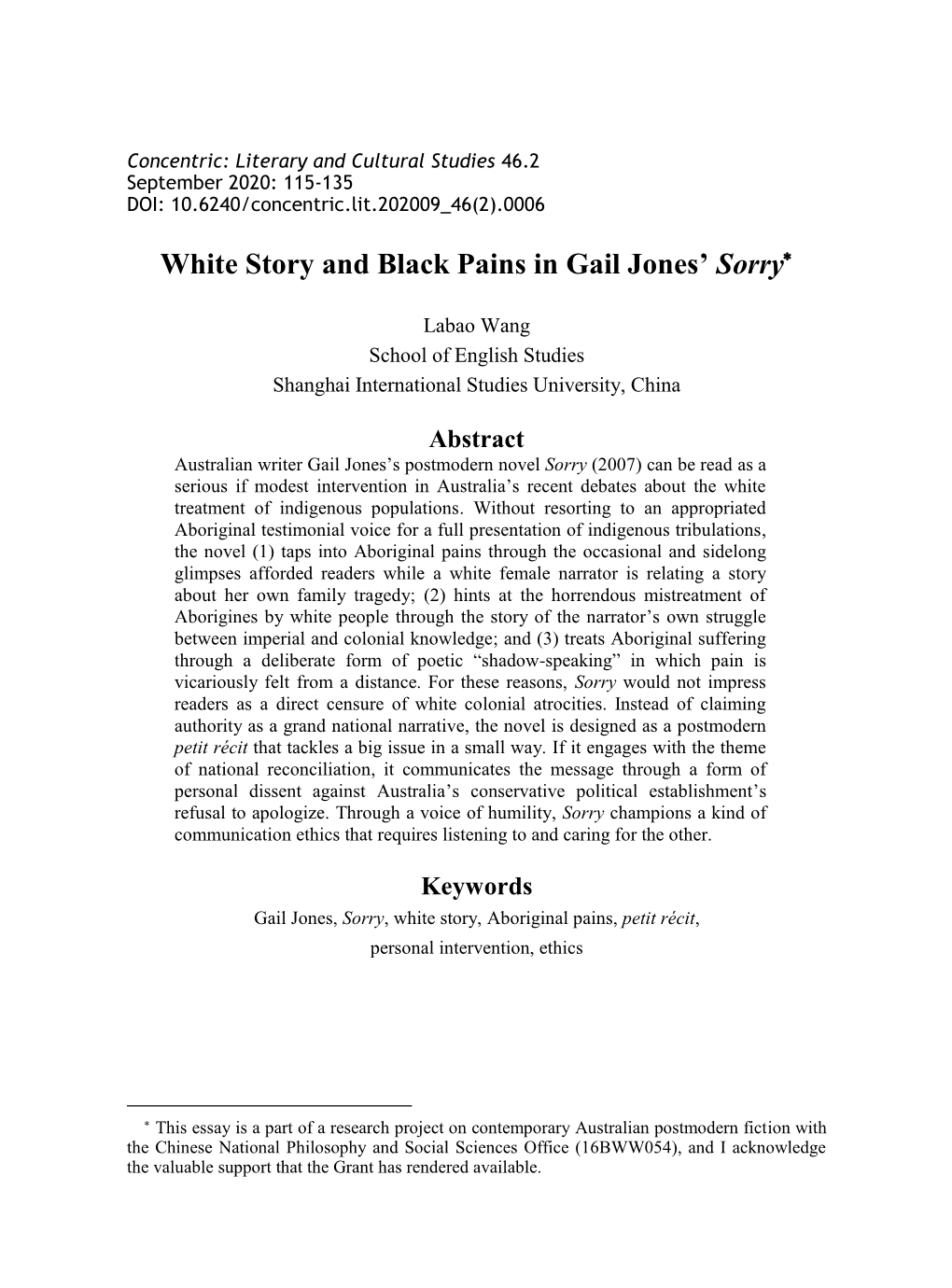 White Story and Black Pains in Gail Jones' Sorry