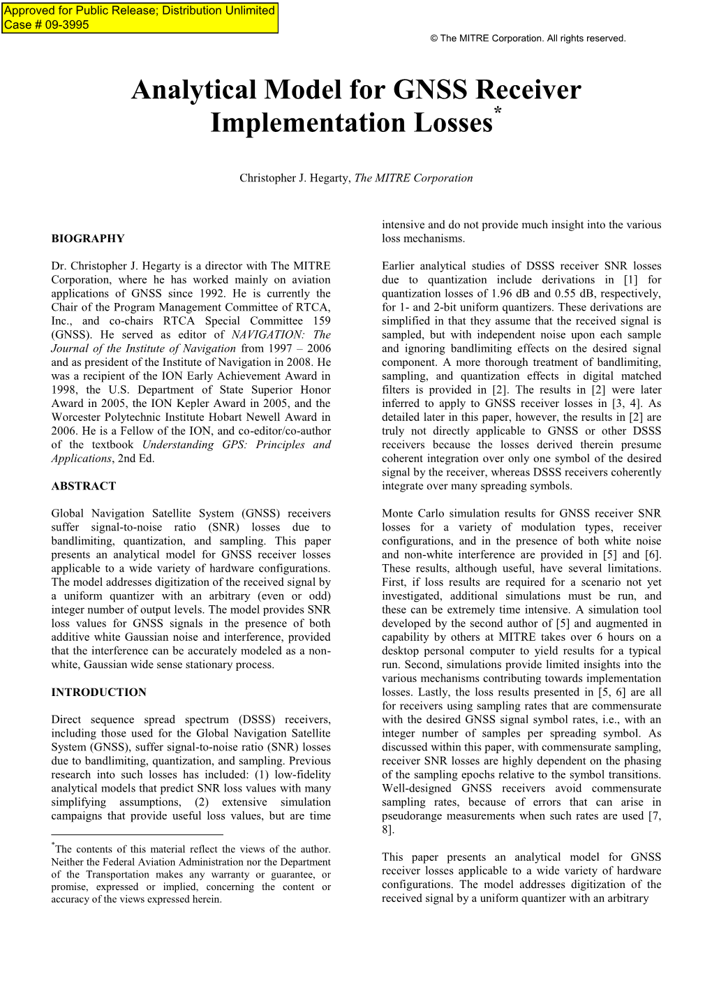 Analytical Model for GNSS Receiver Implementation Losses*