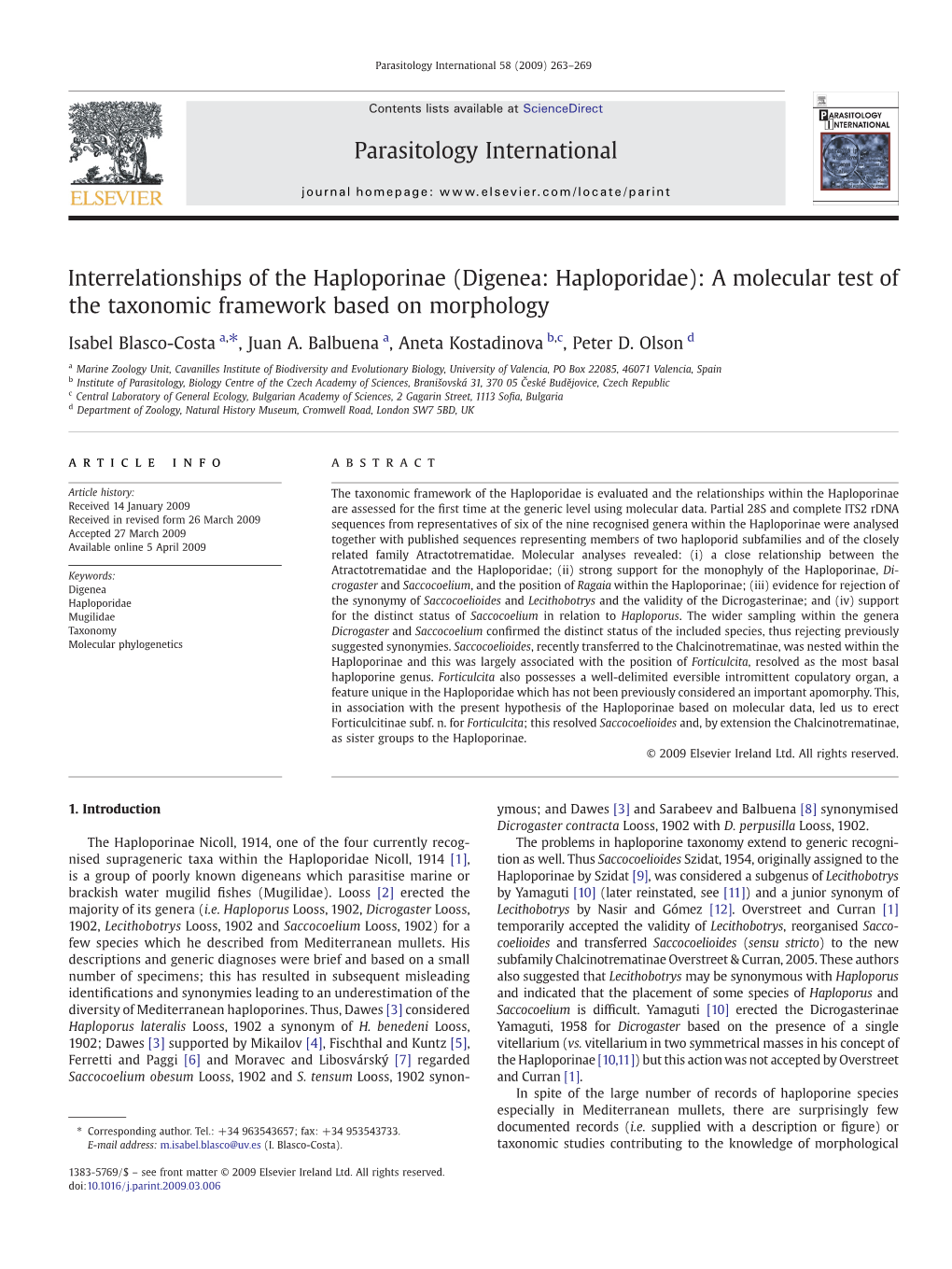 Interrelationships of the Haploporinae (Digenea: Haploporidae): a Molecular Test of the Taxonomic Framework Based on Morphology