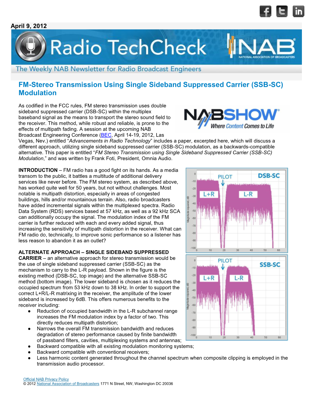 FM-Stereo Transmission Using Single Sideband Suppressed Carrier (SSB-SC) Modulation