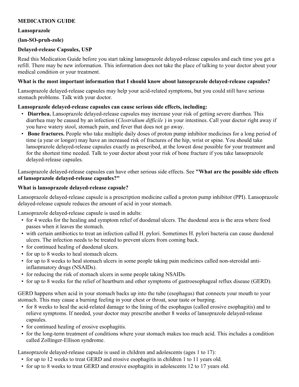 MEDICATION GUIDE Lansoprazole (Lan-SO-Pruh-Zole) Delayed