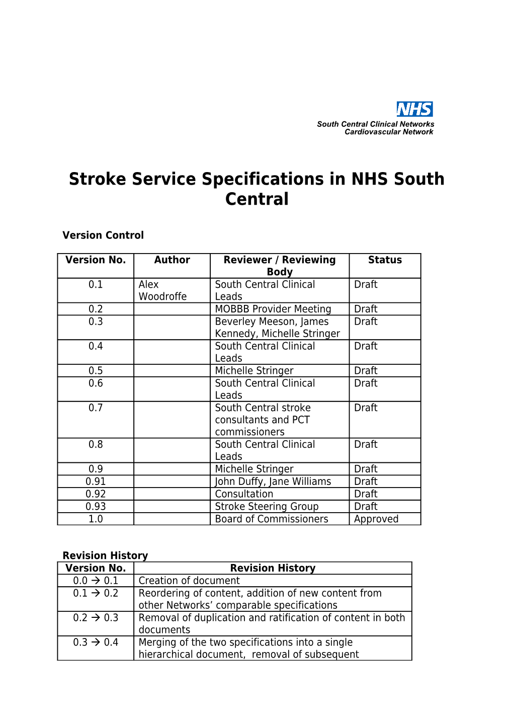 Stroke Service Specifications in NHS South Central