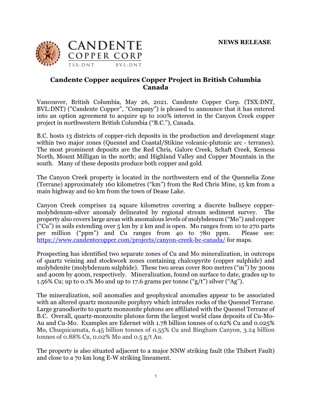 Candente Copper Acquires Copper Project in British Columbia Canada