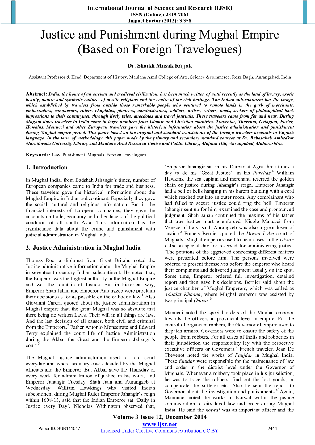 Justice and Punishment During Mughal Empire (Based on Foreign Travelogues)