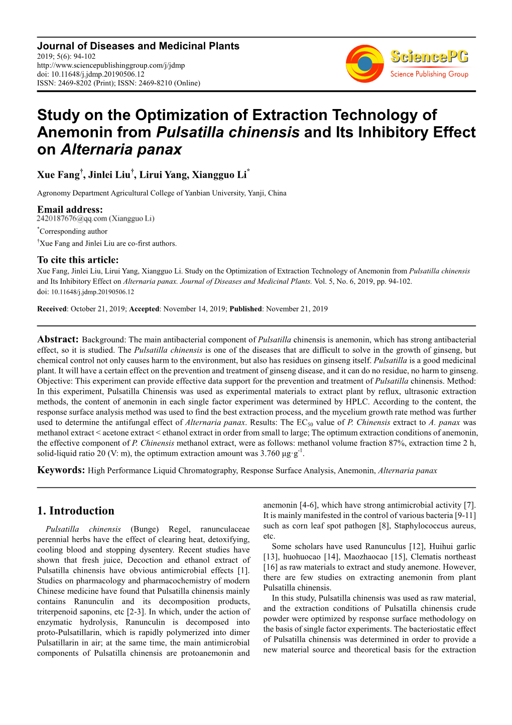 Study on the Optimization of Extraction Technology of Anemonin from Pulsatilla Chinensis and Its Inhibitory Effect on Alternaria Panax