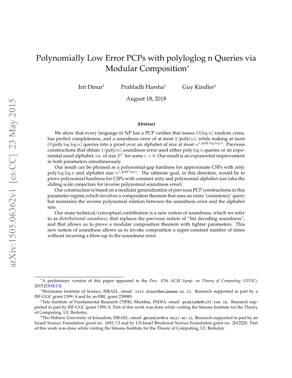 Polynomially Low Error Pcps with Polyloglog N Queries Via Modular Composition∗