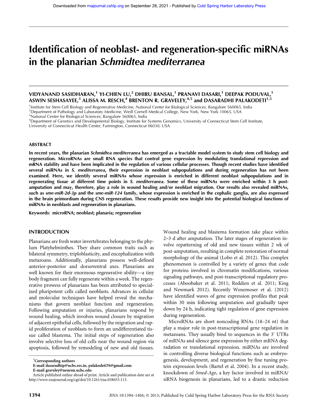 And Regeneration-Specific Mirnas in the Planarian Schmidtea Mediterranea