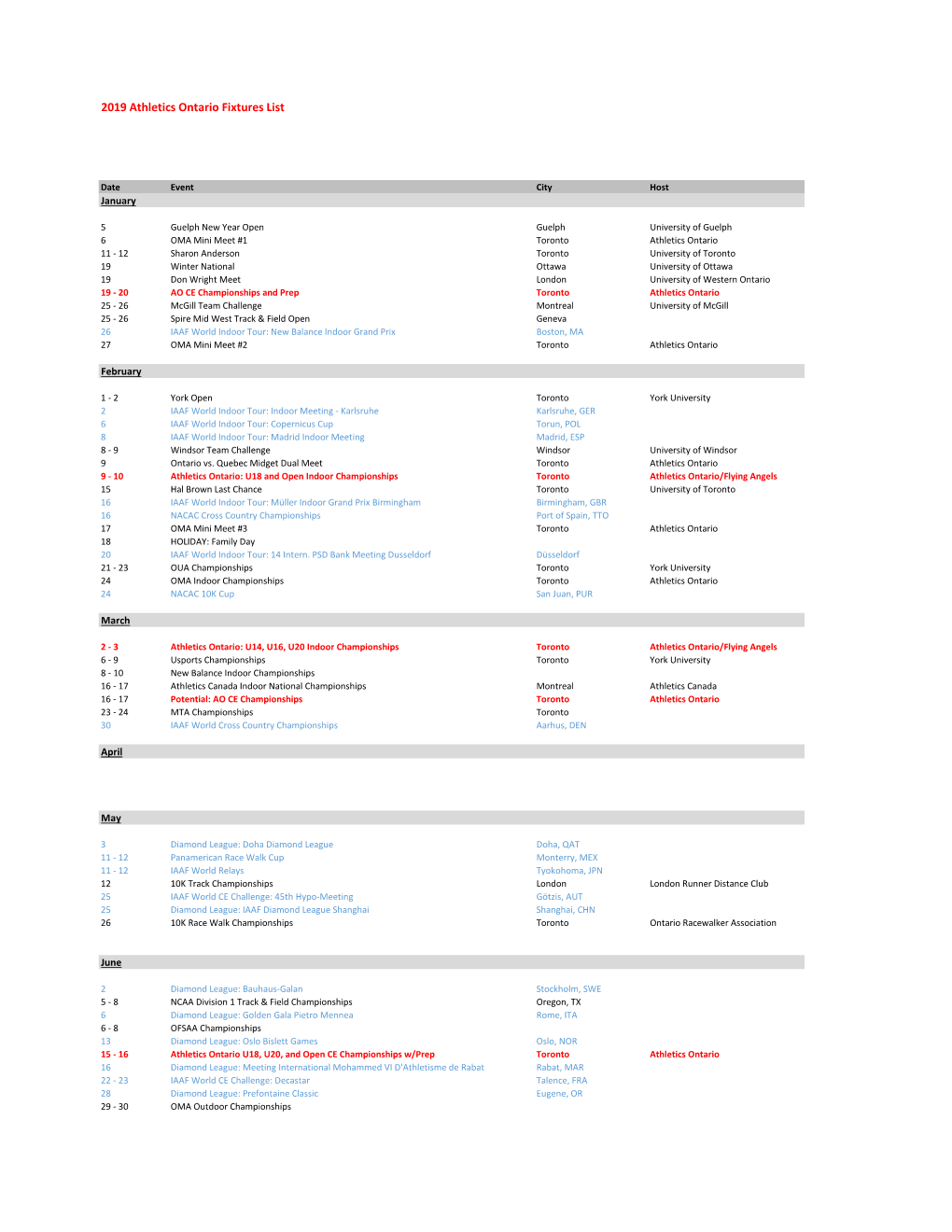 Athletics Ontario Fixtures List