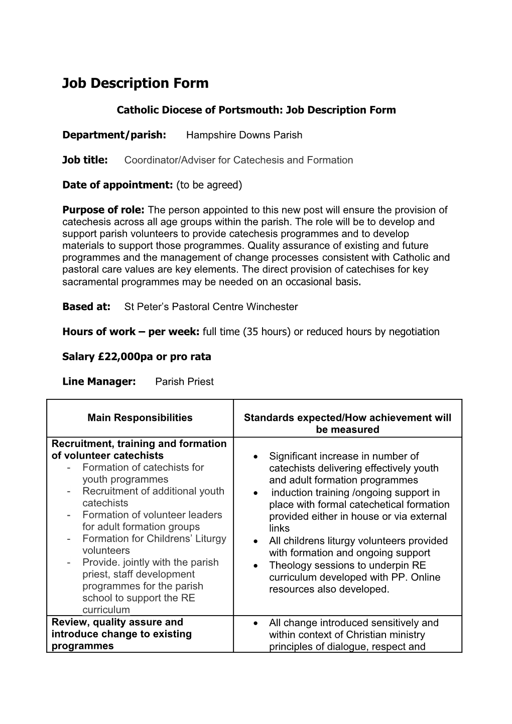 Catholic Diocese of Portsmouth: Job Description Form