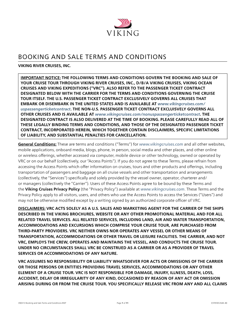 Booking and Sale Terms and Conditions Viking River Cruises, Inc