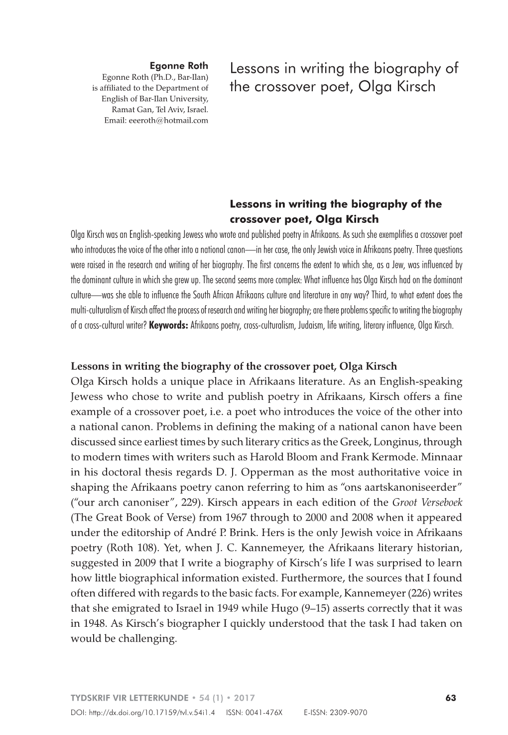 Lessons in Writing the Biography of the Crossover Poet, Olga Kirsch Olga Kirsch Was an English-Speaking Jewess Who Wrote and Published Poetry in Afrikaans