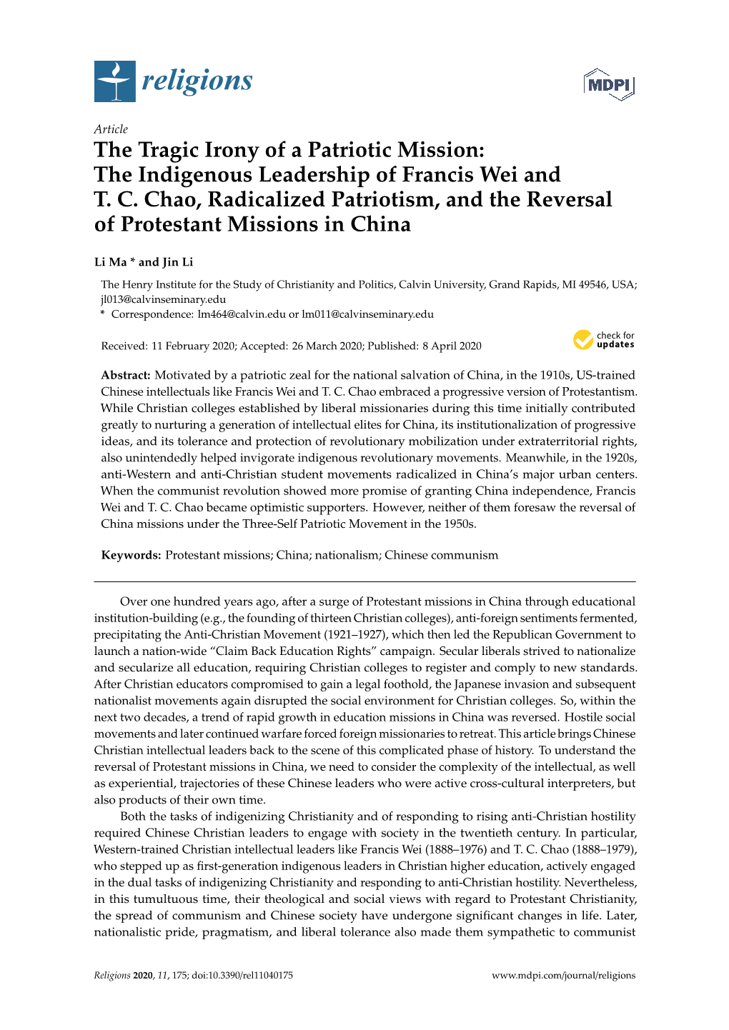 The Tragic Irony of a Patriotic Mission: the Indigenous Leadership of Francis Wei and T