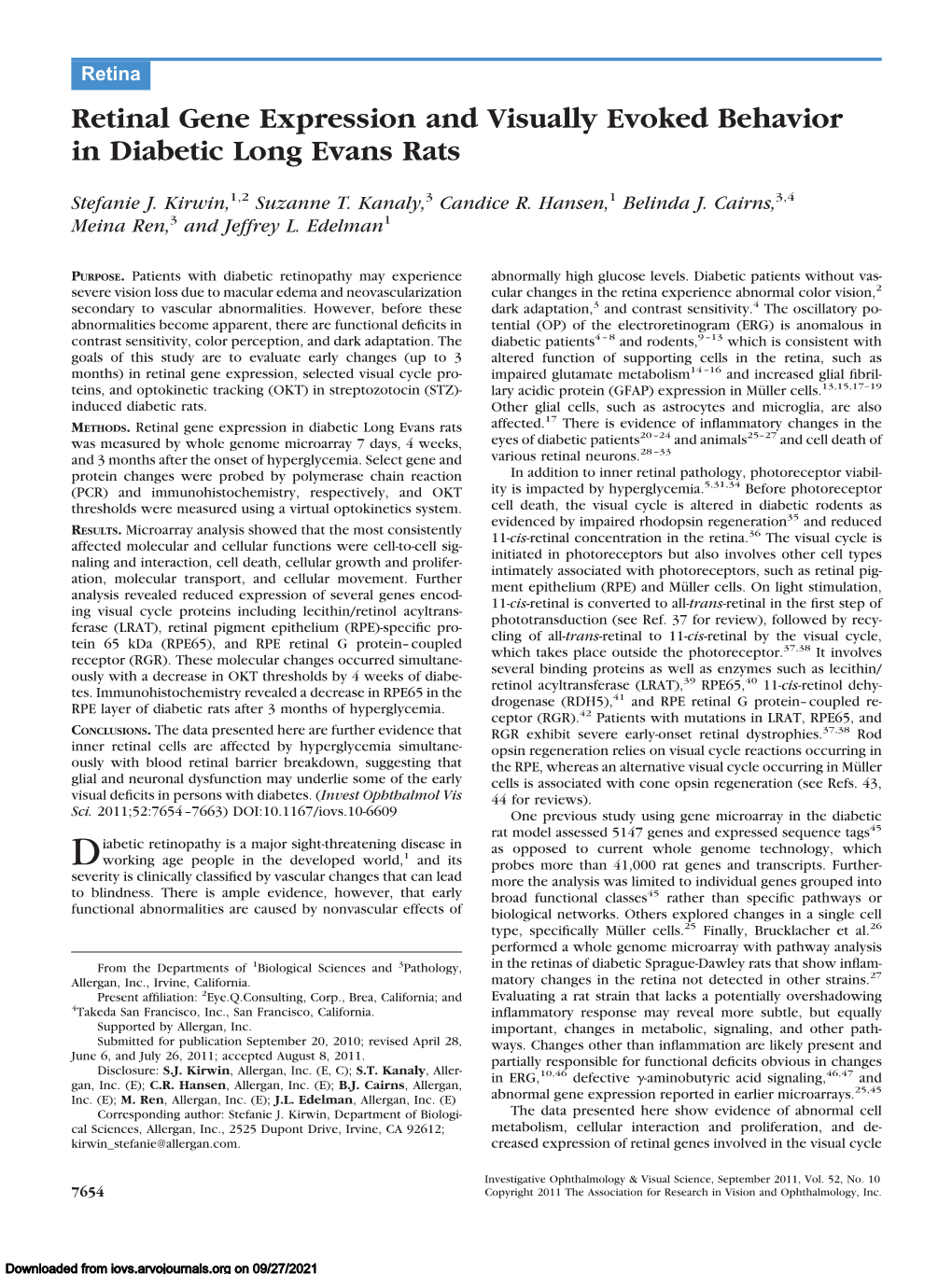 Retinal Gene Expression and Visually Evoked Behavior in Diabetic Long Evans Rats