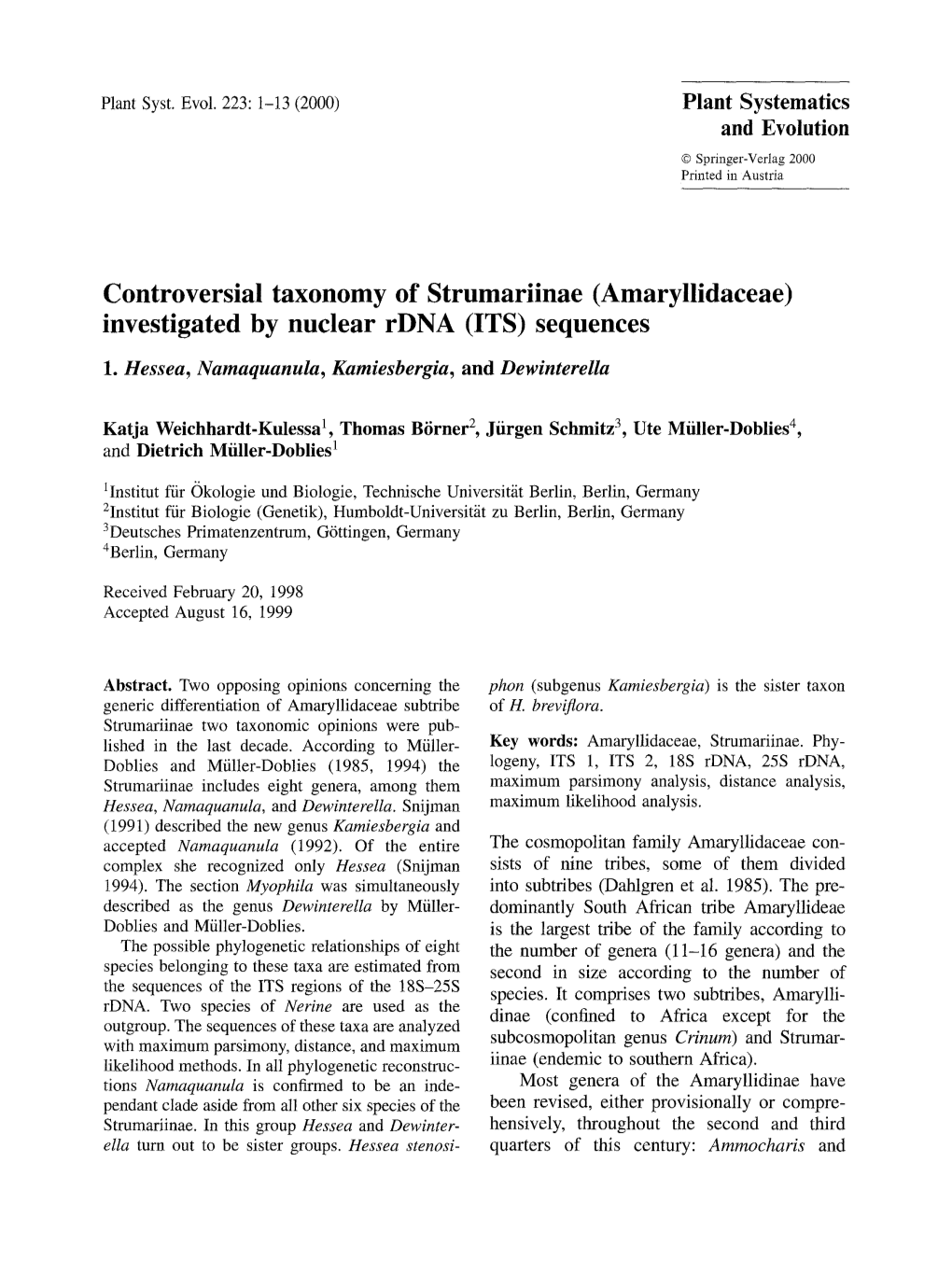 (Amaryllidaceae) Investigated by Nuclear Rdna (ITS) Sequences 1