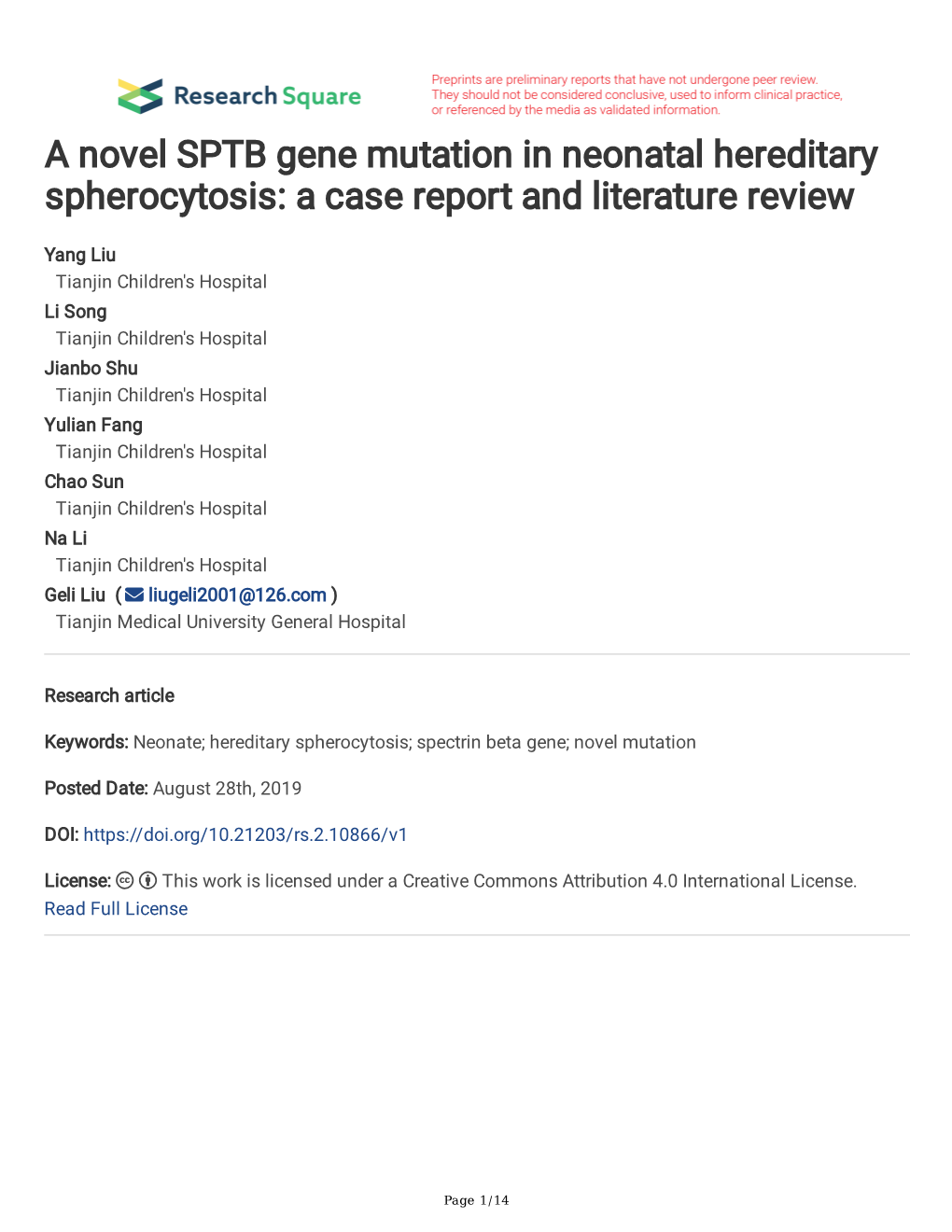 A Novel SPTB Gene Mutation in Neonatal Hereditary Spherocytosis: a Case Report and Literature Review
