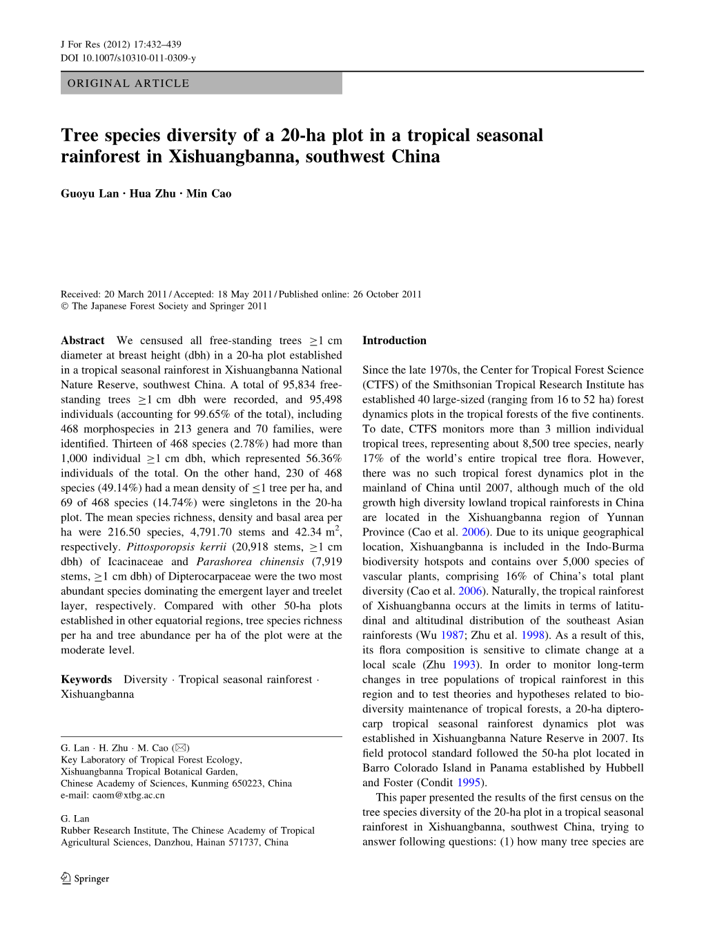 Tree Species Diversity of a 20-Ha Plot in a Tropical Seasonal Rainforest in Xishuangbanna, Southwest China