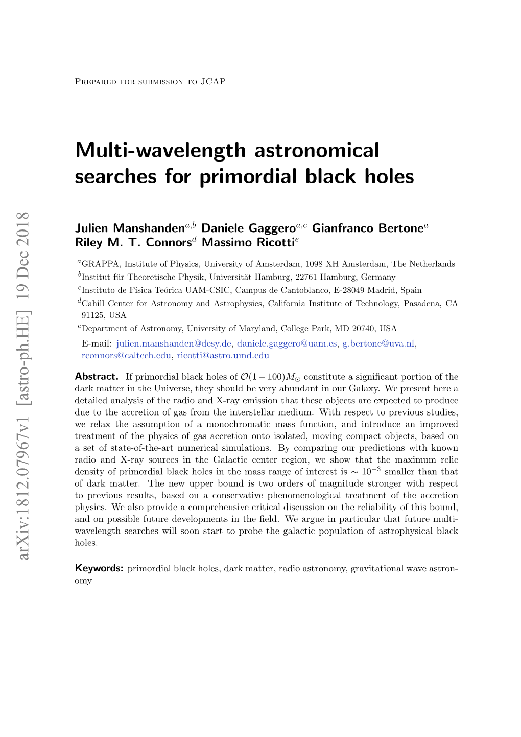 Multi-Wavelength Astronomical Searches for Primordial Black Holes