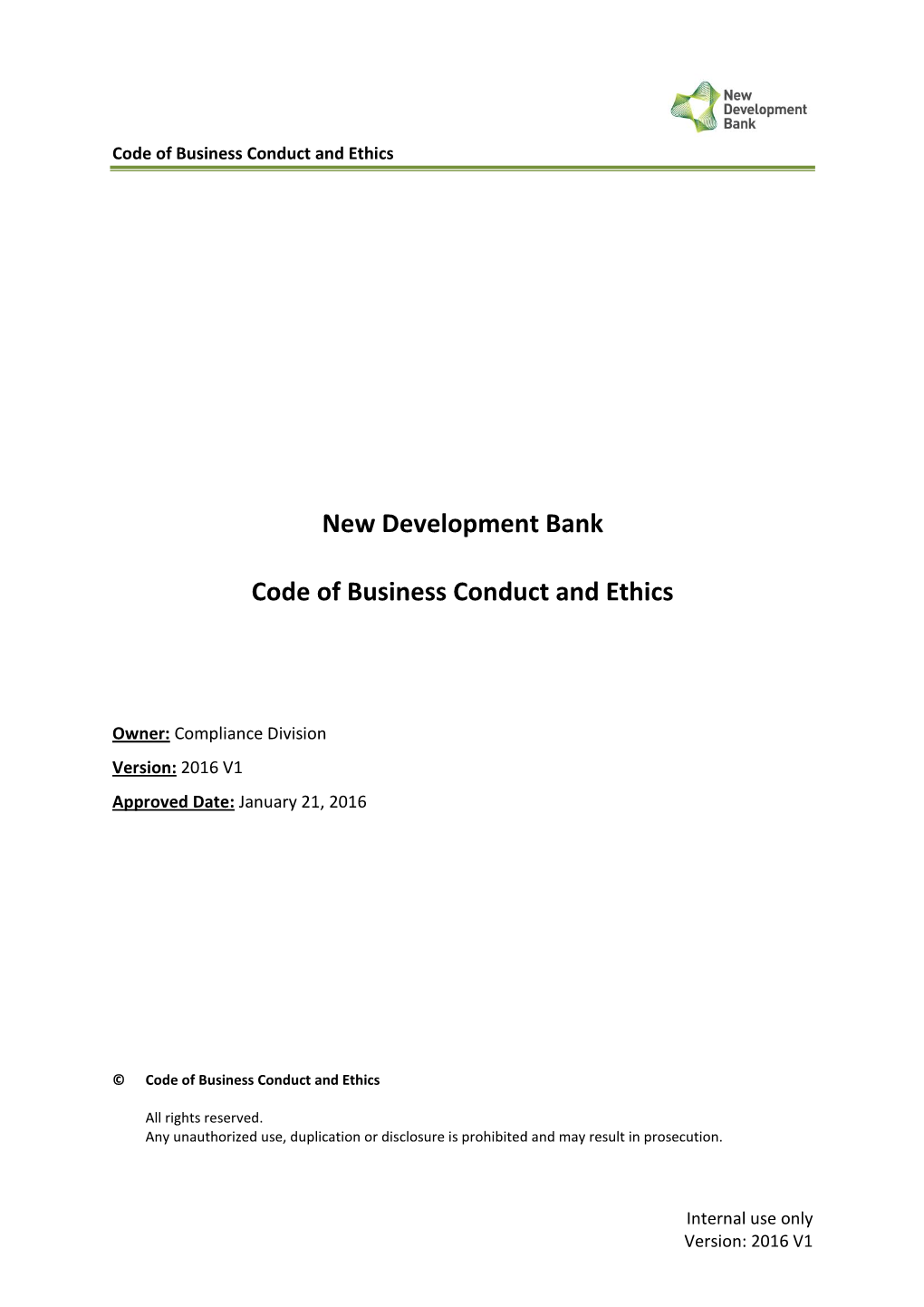 New Development Bank Code of Business Conduct and Ethics