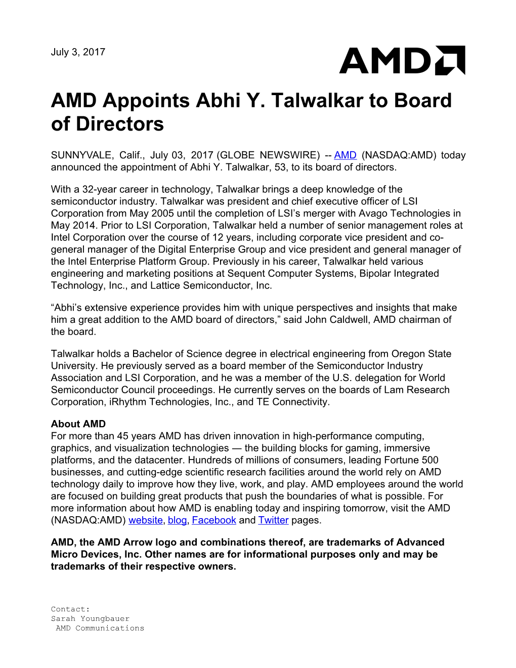 AMD Appoints Abhi Y. Talwalkar to Board of Directors