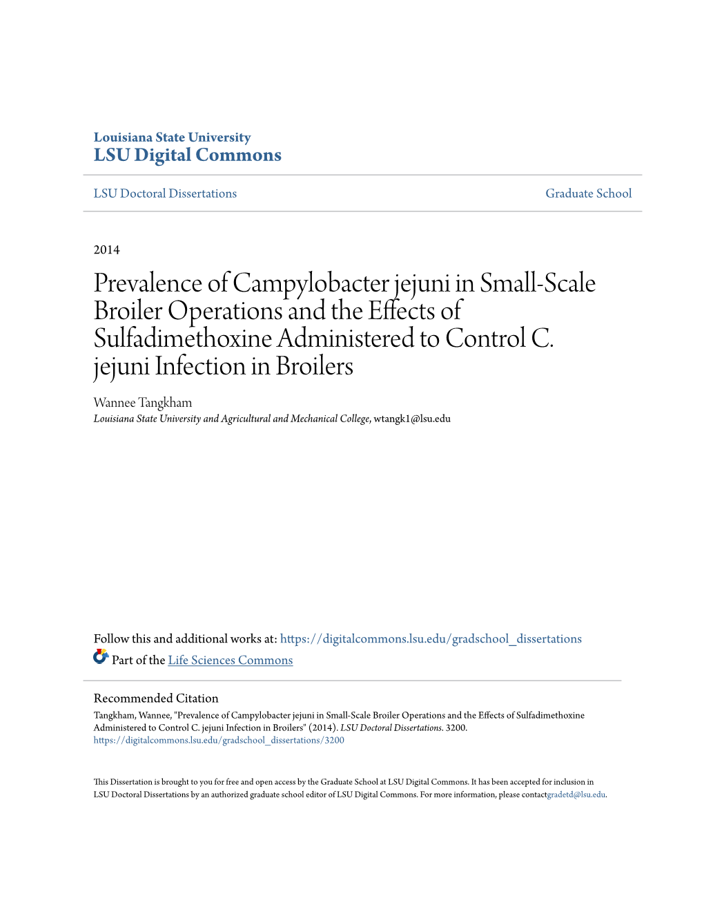 Prevalence of Campylobacter Jejuni in Small-Scale Broiler Operations and the Effects of Sulfadimethoxine Administered to Control C