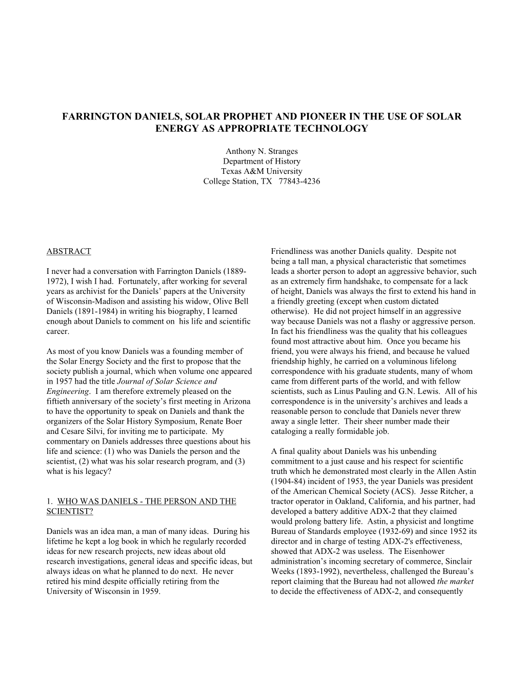 Farrington Daniels, Solar Prophet and Pioneer in the Use of Solar Energy As Appropriate Technology