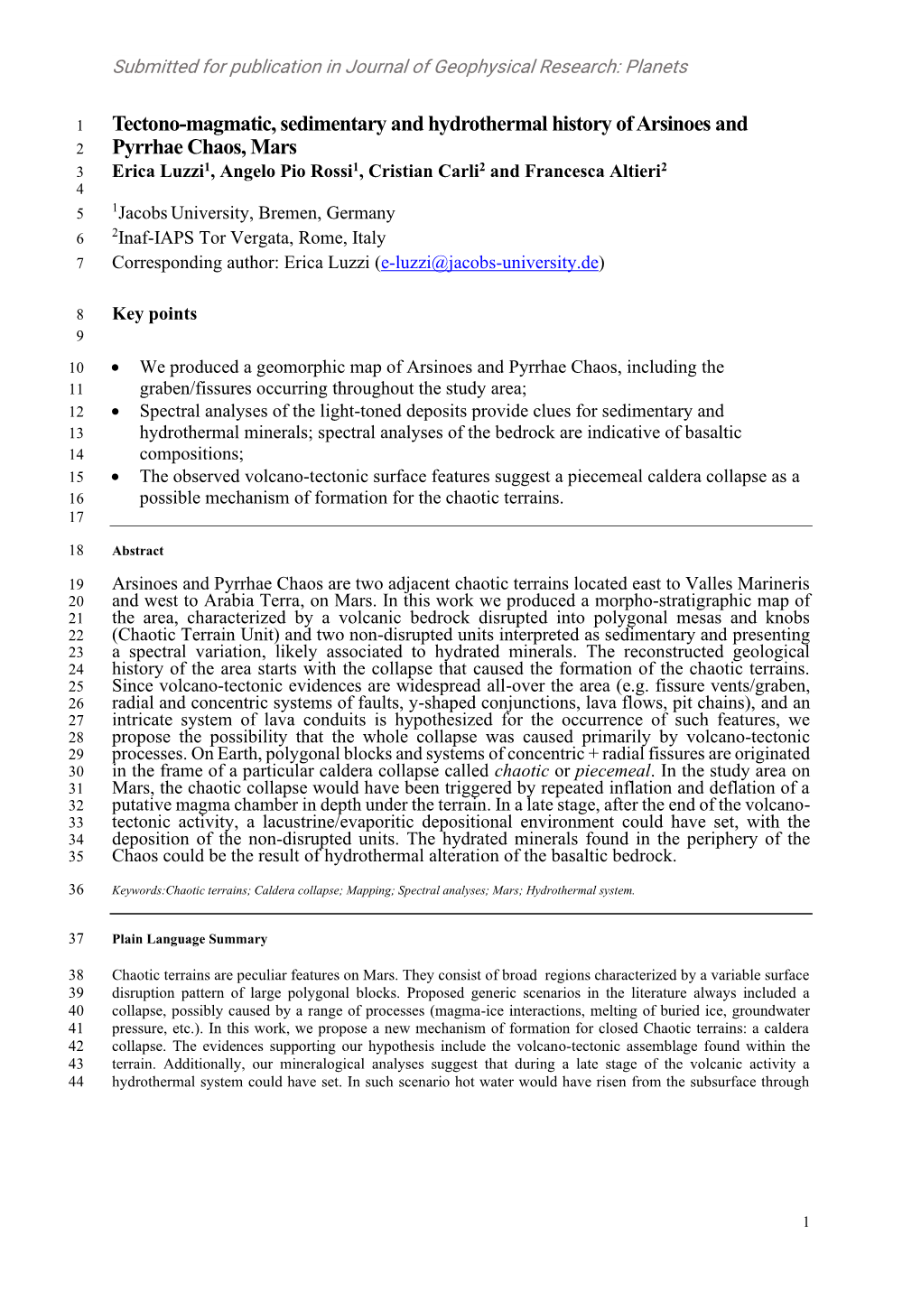 Submitted for Publication in Journal of Geophysical Research: Planets