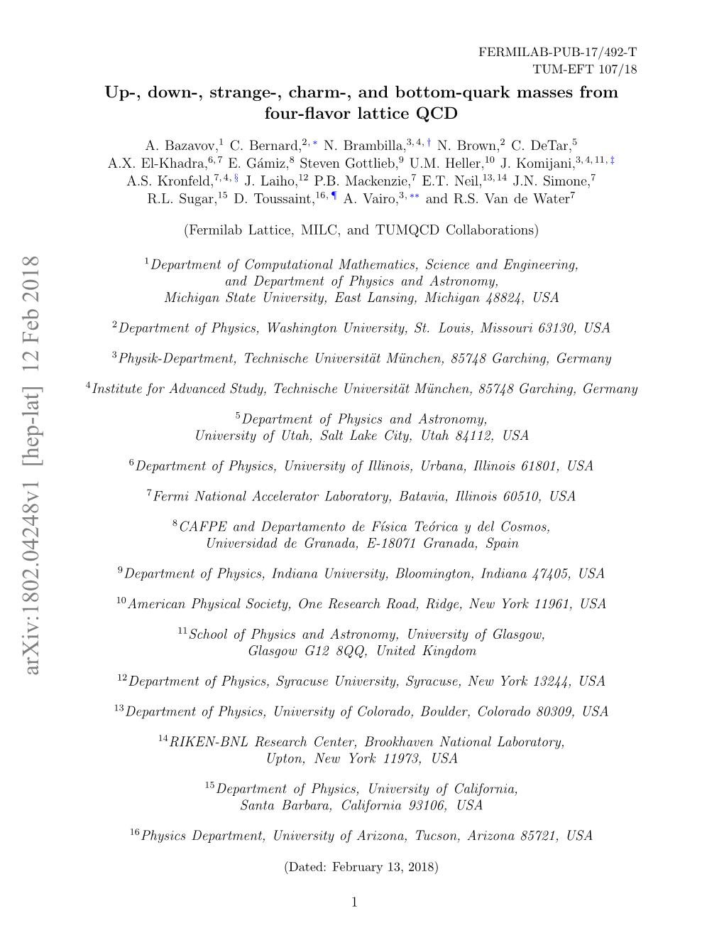 Arxiv:1802.04248V1 [Hep-Lat] 12 Feb 2018 12Department of Physics, Syracuse University, Syracuse, New York 13244, USA