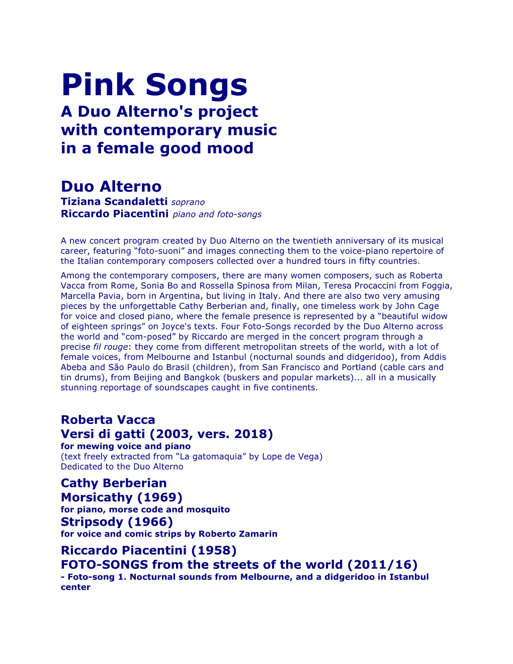 Pink Songs a Duo Alterno's Project with Contemporary Music in a Female Good Mood