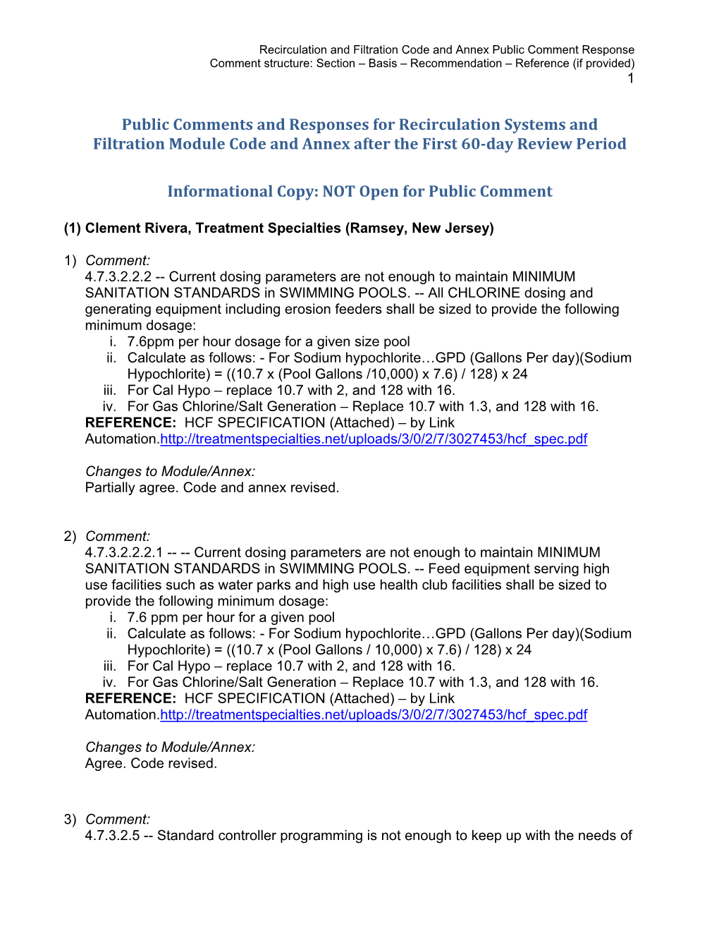 Recirculation and Filtration Code and Annex Public Comment Response Comment Structure: Section – Basis – Recommendation – Reference (If Provided) 1