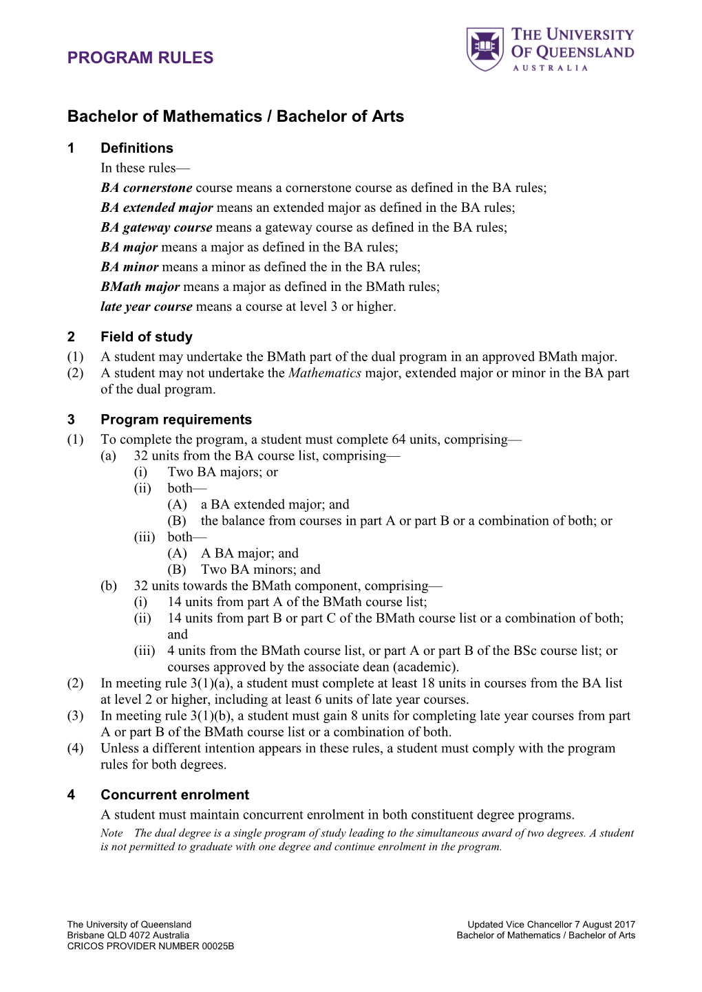 PROGRAM RULES Bachelor of Mathematics / Bachelor of Arts