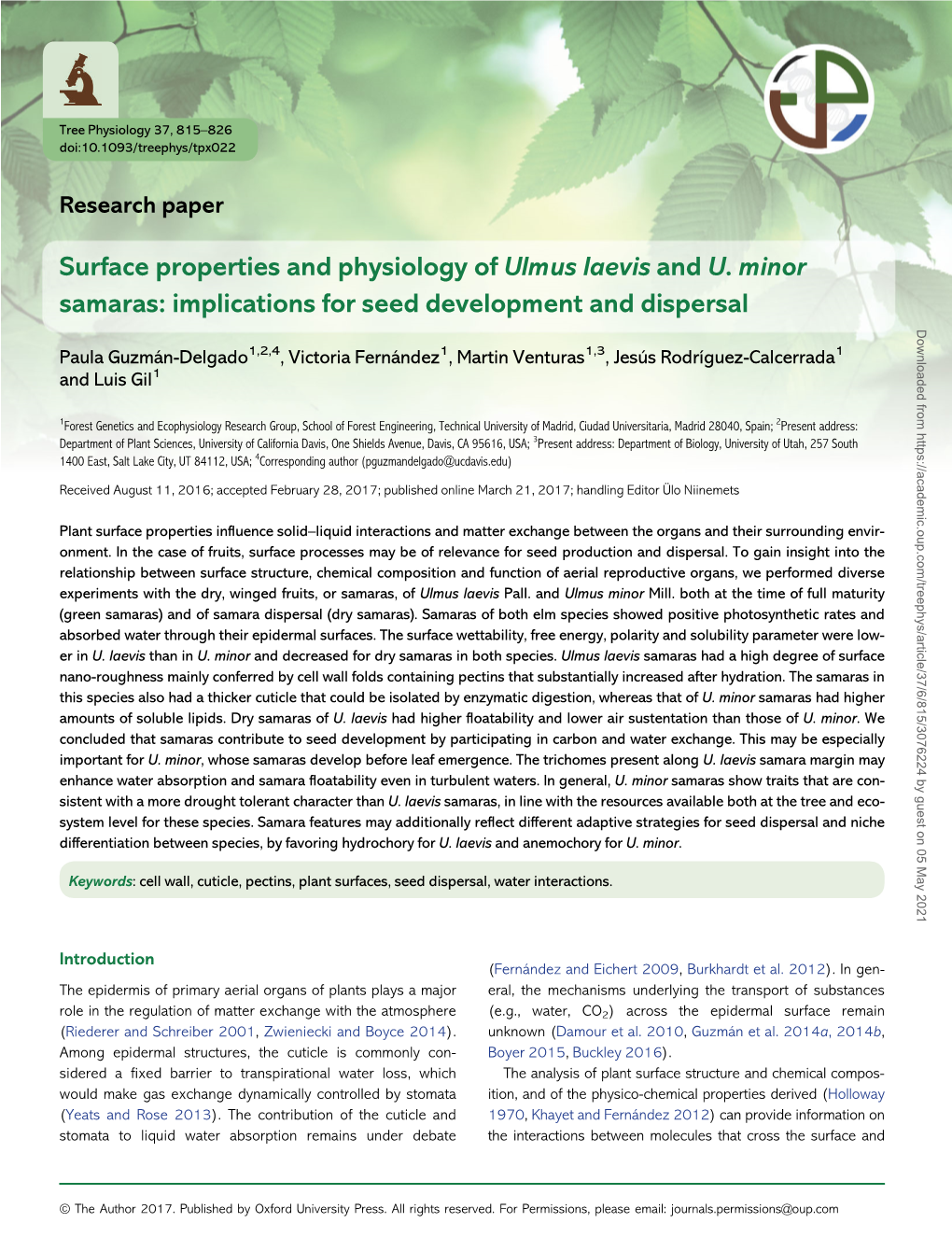 Surface Properties and Physiology of Ulmus Laevis and U. Minor Samaras