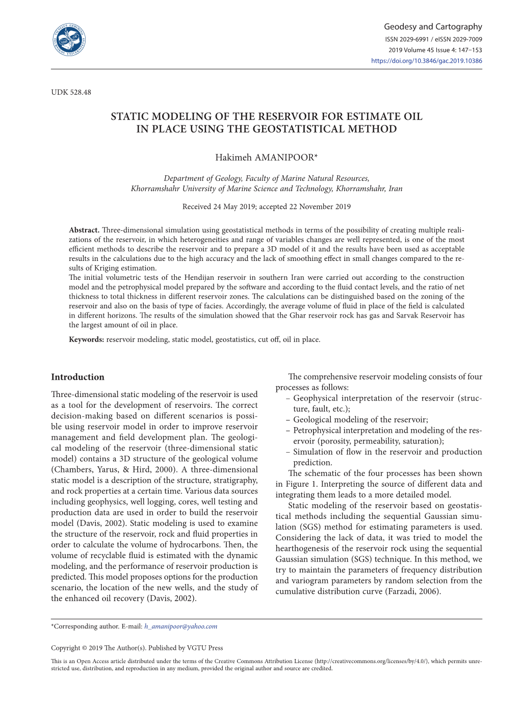 Static Modeling of the Reservoir for Estimate Oil in Place Using the Geostatistical Method