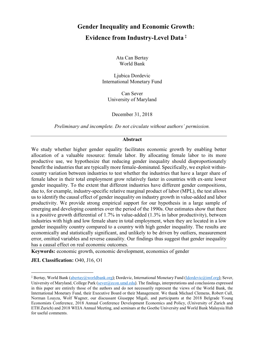 Gender Inequality and Economic Growth: Evidence from Industry-Level Data ‡