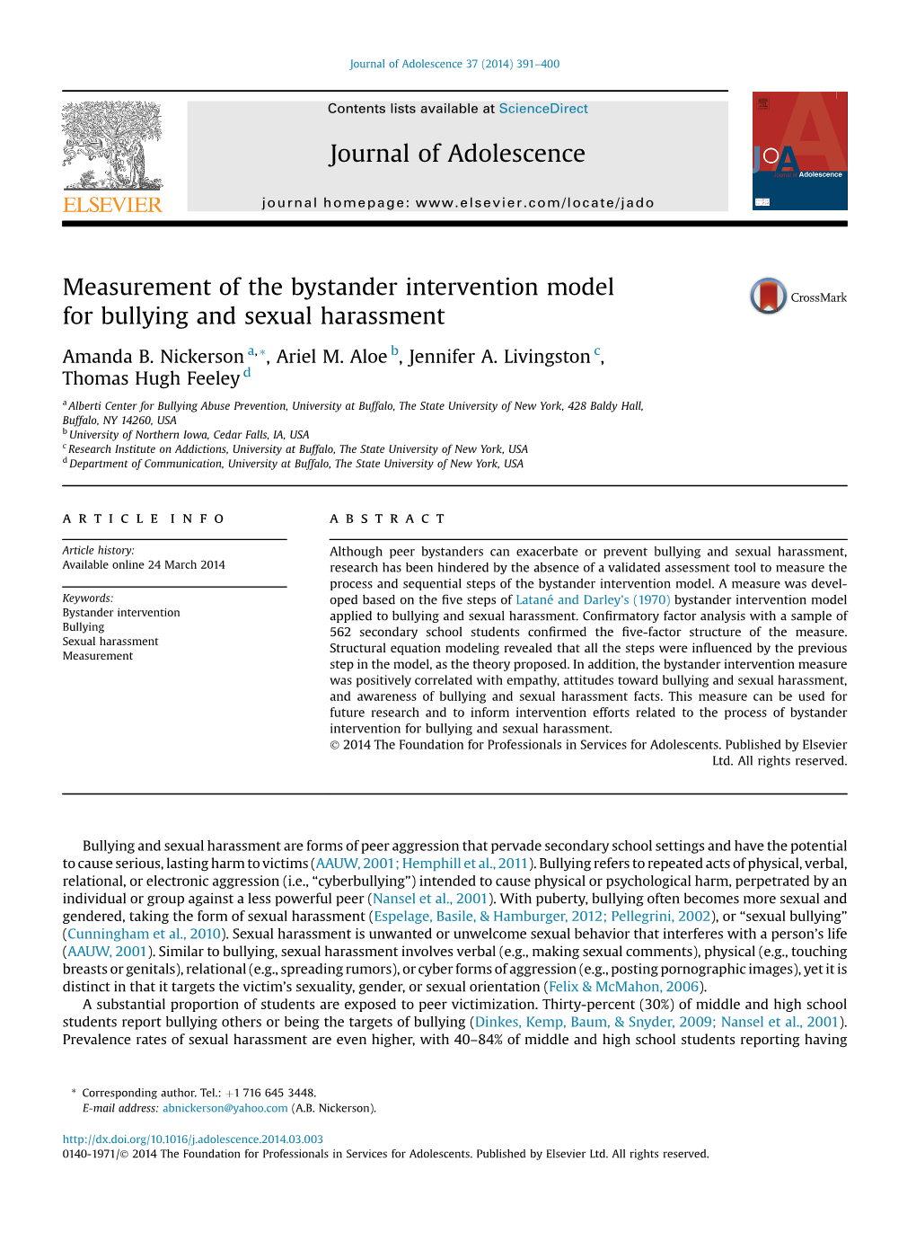 Measurement of the Bystander Intervention Model for Bullying and Sexual Harassment