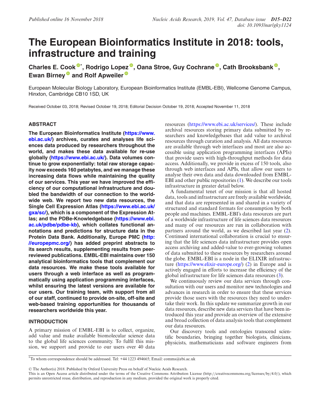 The European Bioinformatics Institute in 2018: Tools, Infrastructure and Training Charles E