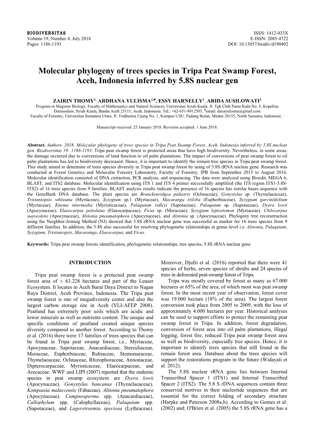 Molecular Phylogeny of Trees Species in Tripa Peat Swamp Forest, Aceh, Indonesia Inferred by 5.8S Nuclear Gen